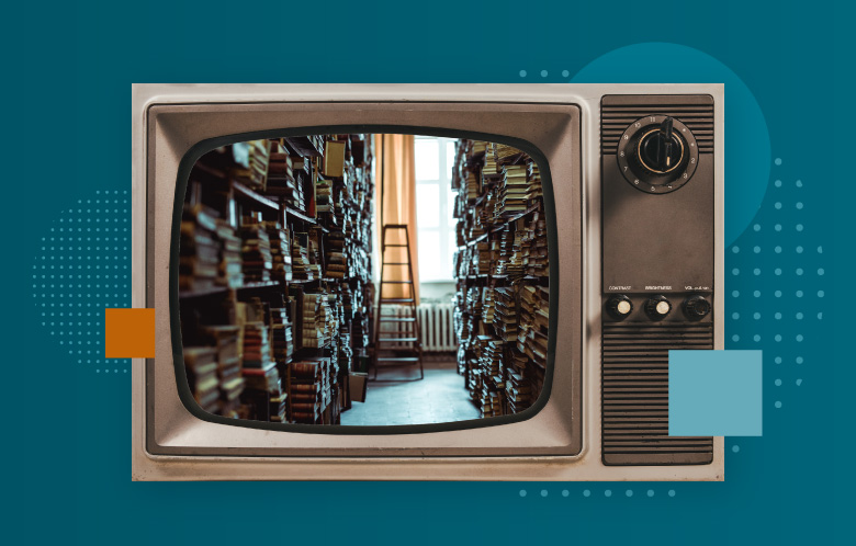 Retro tv with old library inside and shapes and patterns in the background