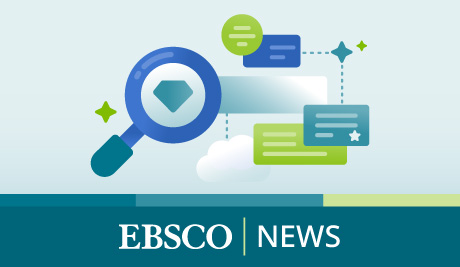 Illustration of a magnifying glass, search bar, search results, clouds and stars (EBSCO | News)