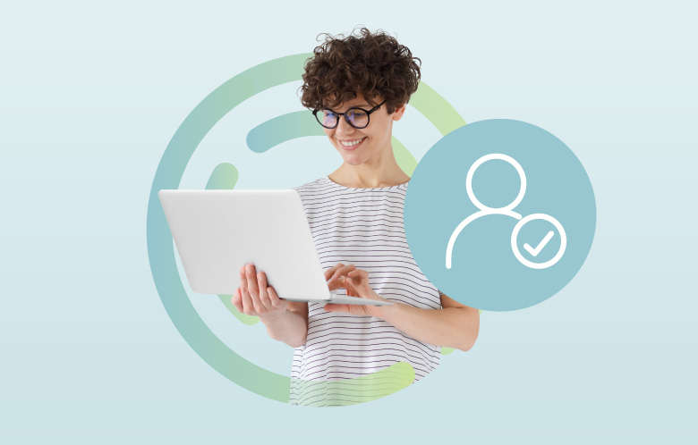 Young researcher on a laptop inside a pattern of circles with an icon representing "User-first"