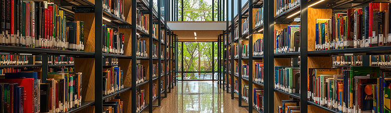 Aisle of book shelves in library